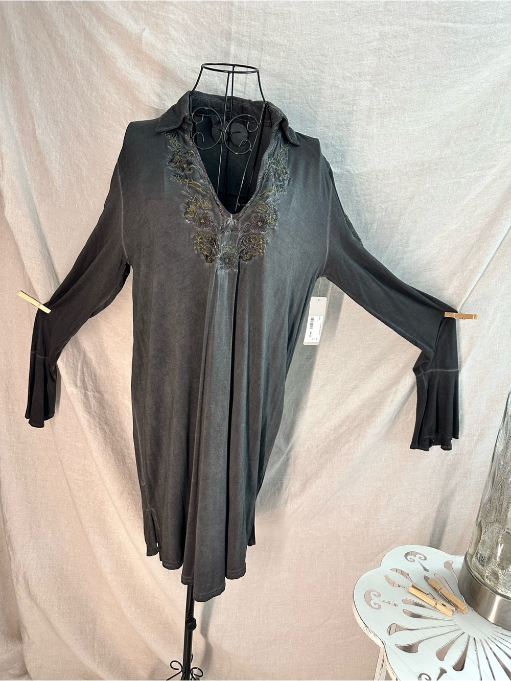 POL Mineral washed Black BOHO embroidered dress with Bell sleeves L
